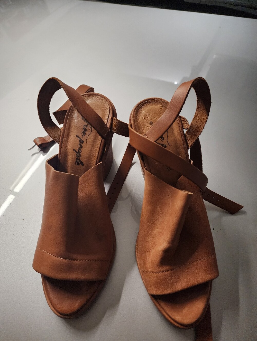 Free People Tan Brown Leather Open-Toe Slingback Heels